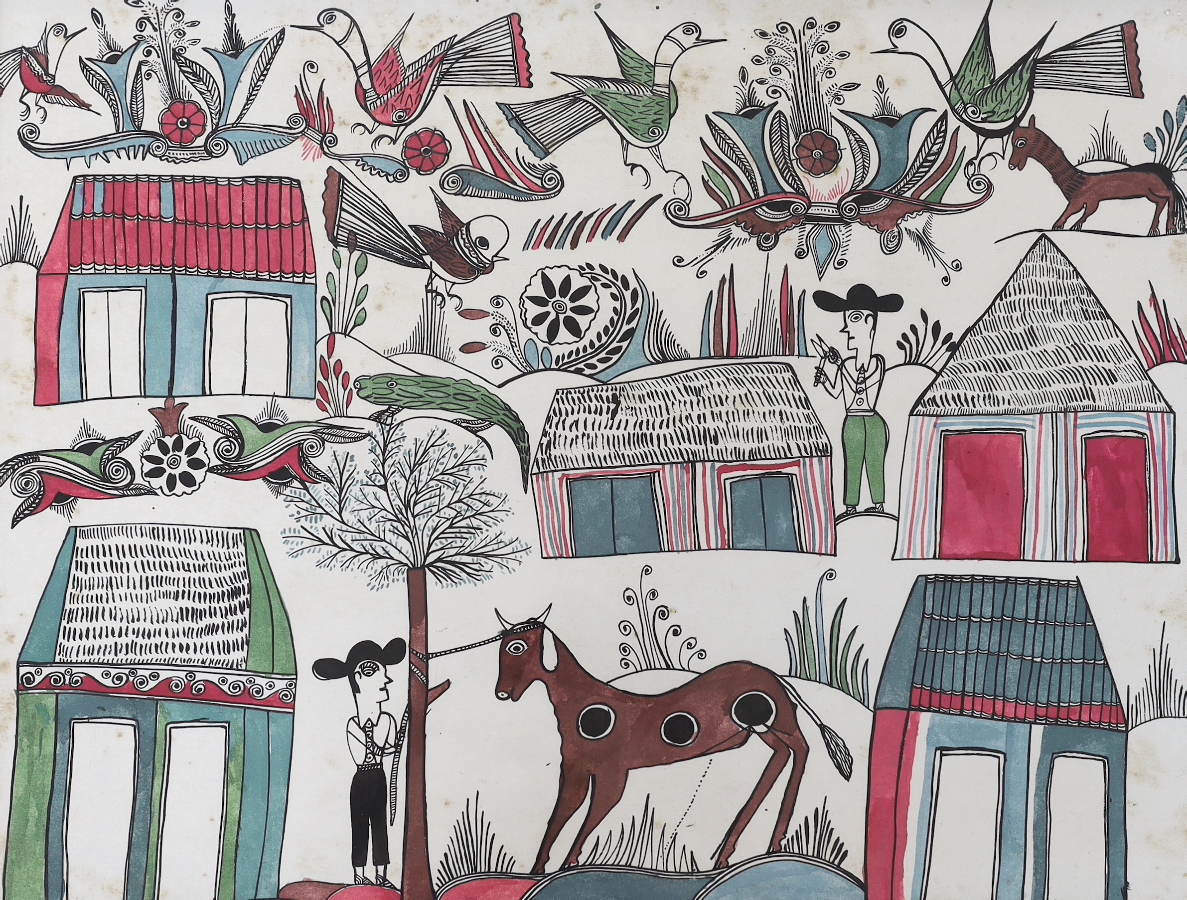 Mexican School, ink and watercolour, Figures and farm animals, Portal Gallery label verso with inscription dating it to 1963, 49 x 64cm